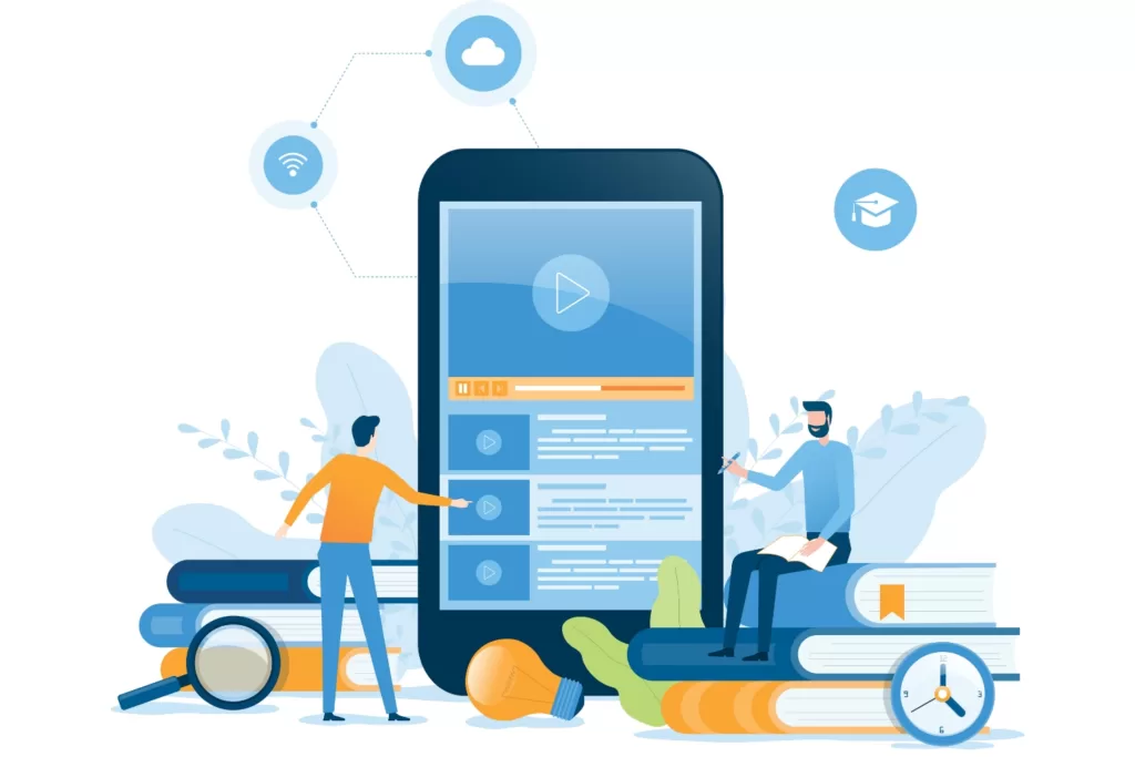 A graphic of two people reviewing a website performance on a mobile device together