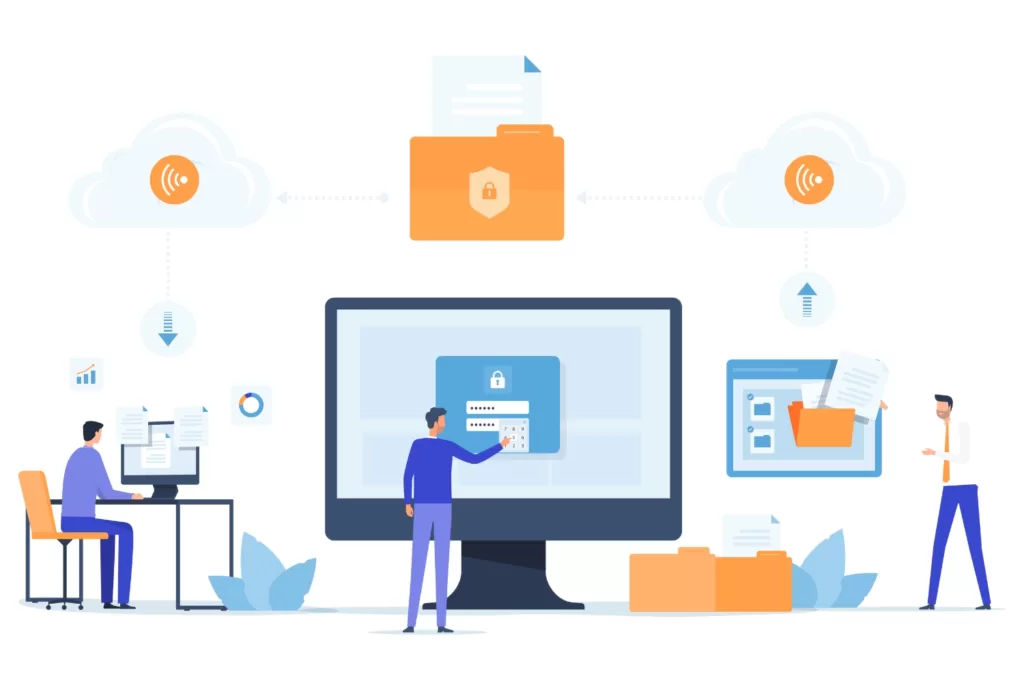 A graphic of three people testing a website performance on different devices together