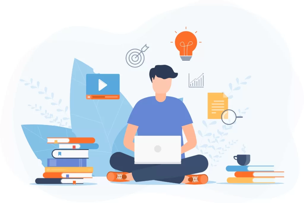 A graphic of a person sitting down and writing website content on their laptop