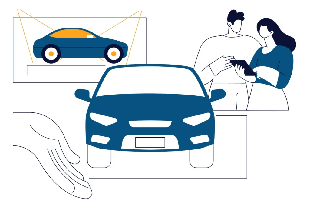 A graphic of a car salesman helping a customer buy a car