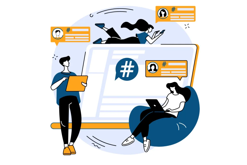 Three people posting trending hashtags on mobile and desktop devices