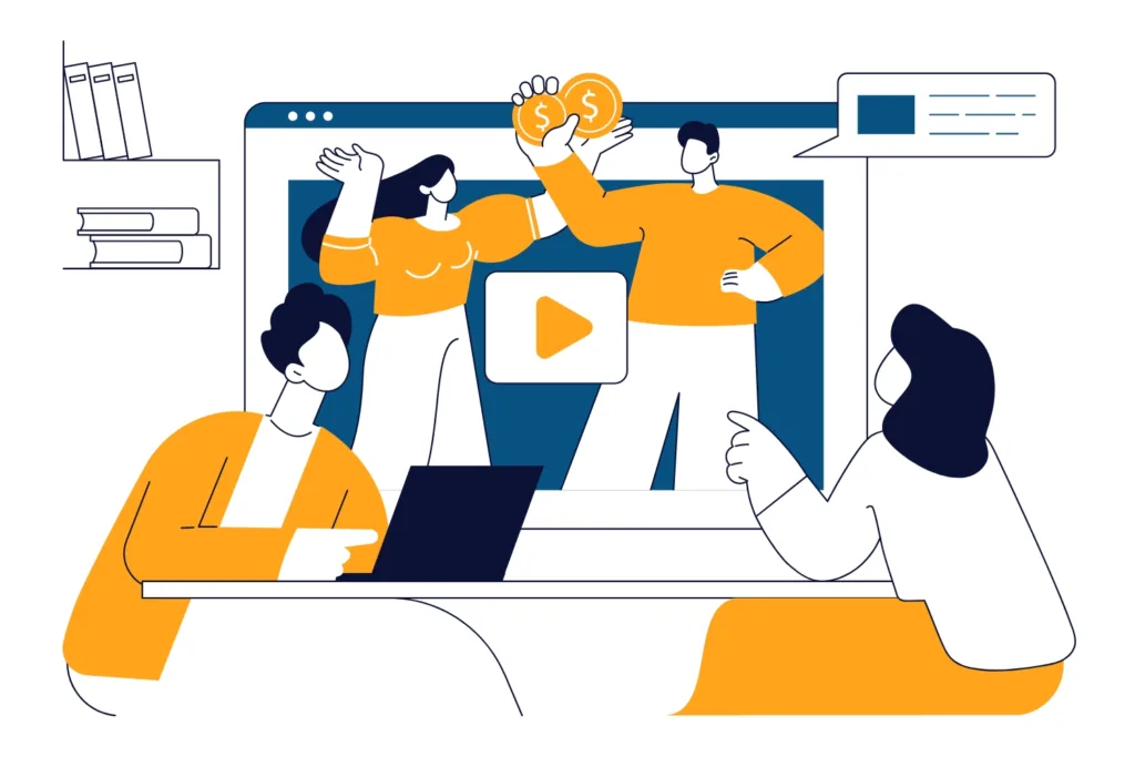 A marketing team creating online video ads on a desktop computer