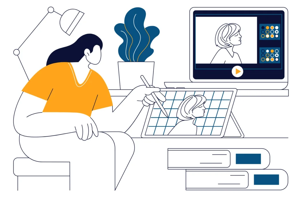 A person practicing graphic design on a tablet and computer of a woman