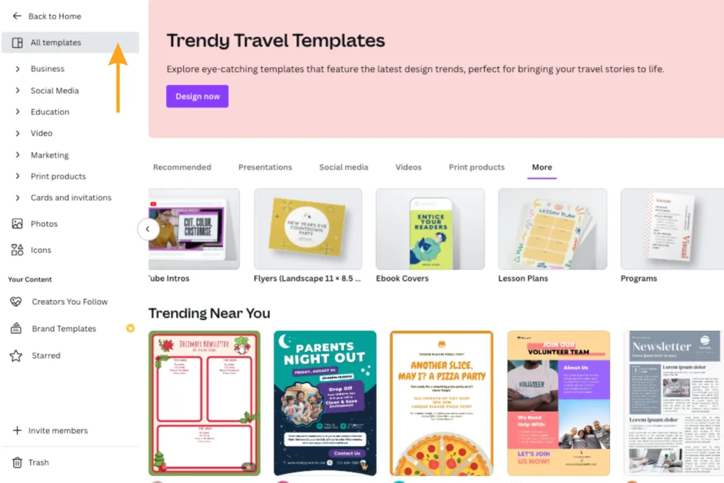 A screenshot of Canva's Template design options