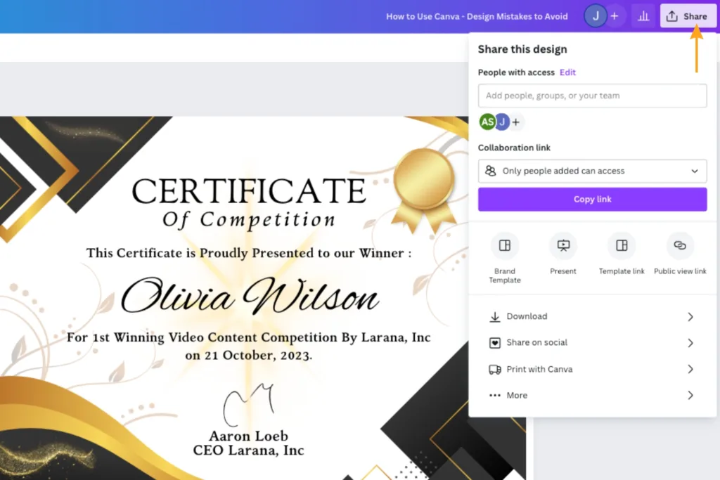 A screenshot of a Canva graphic design draft and sharing a Collaboration Link