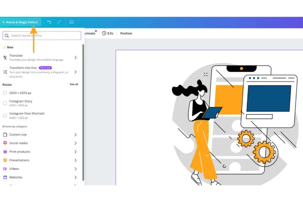 A screenshot of Canva's Resize and Magic Switch tool inside a design draft