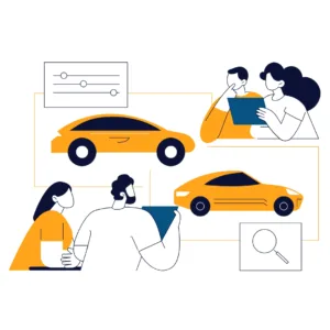 A graphic of customers shopping for cars online
