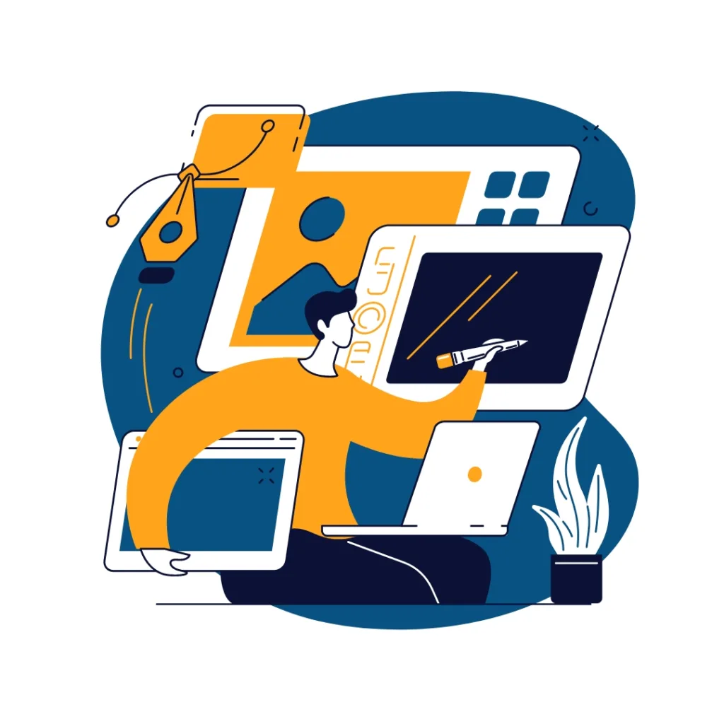 A person graphic designing on a tablet, desktop, and laptop