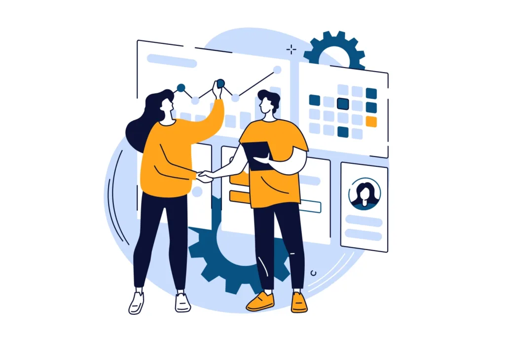 A graphic of two people analyzing their customer data profiles