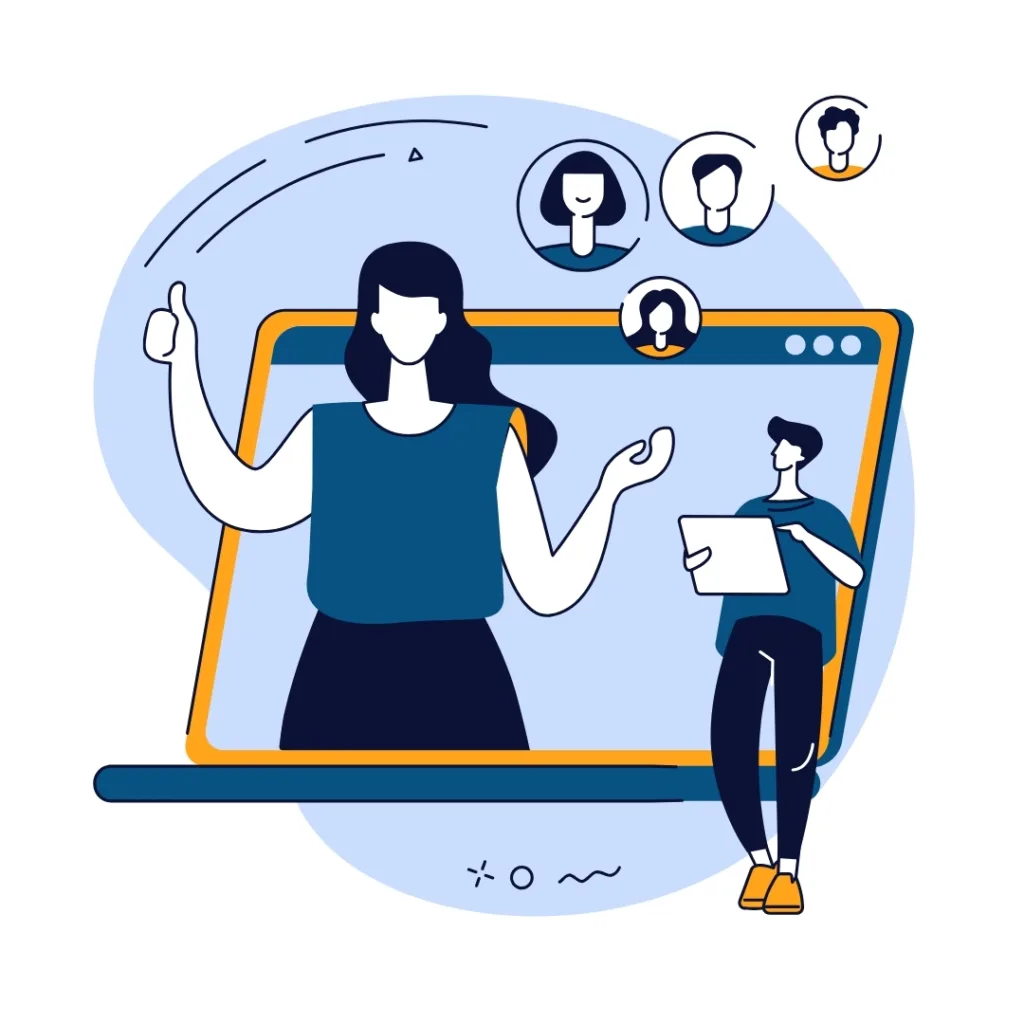 A graphic of a person analyzing different customer profiles on a laptop