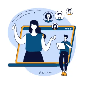 A graphic of a person analyzing different customer profiles on a laptop