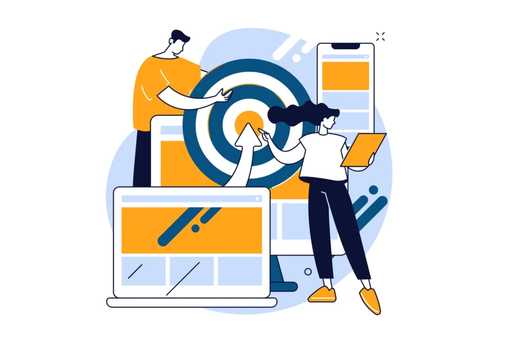 A graphic of two people launching a retargeting campaign on a desktop, mobile, and laptop