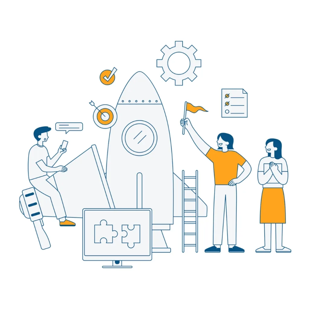 Three people celebrating their business success with a metaphoric rocketship