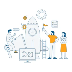 Three people celebrating their business success with a metaphoric rocketship